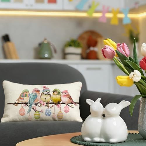 RABUSOFA Easter Pillow Covers 12x20 inch Easter Decorations for Home Pink Birds Colorful Eggs Lumbar Throw Pillows for Bedroom Sofa Holiday Festivals Decor - Image 2