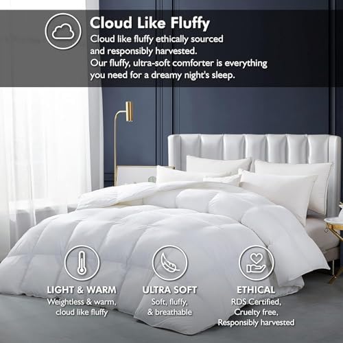 Luxurious White Solid Heavy Weight, Oversize Queen Goose Feathers Down Comforter for Winter Weather Duvet Insert, Premium Baffle Box, 100% Egyptian Cotton Cover, 70 oz. Fill Weight - Image 2
