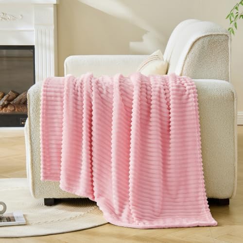 Bnuitland Fleece Throw Blanket for Couch, 300GSM Soft Warm Cozy Fluffy Throw for Adults & Kids, Stripe Pattern, All Season Sofa Bed Blanket for Home Decor, Light Pink 50"x60" - Image 2