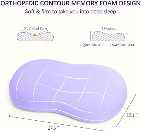 Memory Foam Pillows - Cervical Neck Pillows for Pain Relief, Ergonomic Contour Pillow for Side Back Stomach Sleepers (Purple) - Image 5