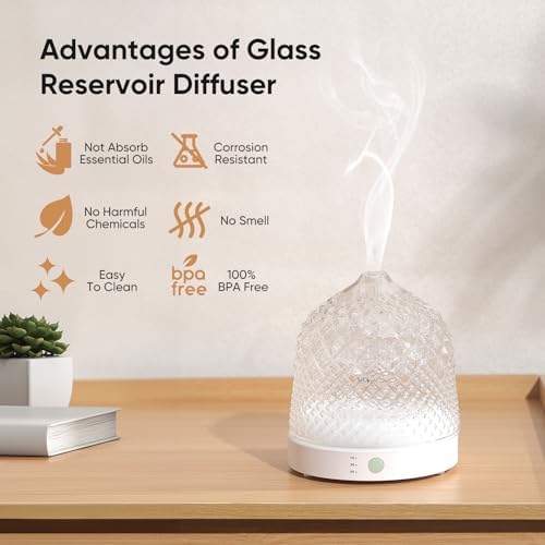 Lecdura Glass Essential Oil Diffuser, 200ml Ultrasonic Aroma Diffusers with Glass Reservoir Dome & White Plastic Base Lock Color Auto-Off Timer 7 Color Light for Home Office Bedroom Yoga - Image 3