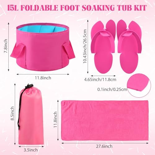 FillTouch 6 Sets Foldable Foot Bath Kit 15L Collapsible Foot Soaking Tub Bathroom Towels Women Adult Foldable Slippers with Storage Bag Spa Soak Pedicure Bath for Travel Camping(Rose Red) - Image 2