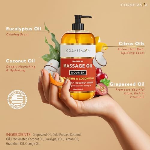 Natural Nourishing Citrus & Coconut Massage Oil- Smooth Glide, Non Greasy Therapeutic Massage Oils with Rejuvenating, Hydrating & Aromatic Essential Oils for Dry Skin, Soothes Muscle & Joints 8.8 oz - Image 2
