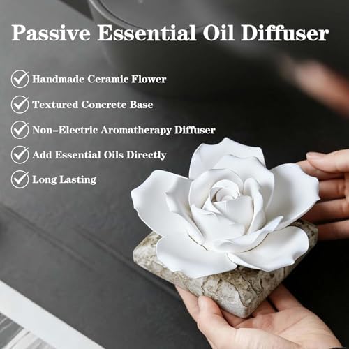 Ceramic Passive Essential Oil Diffuser, Aesthetic Desktop Handmade Flower & Concrete Base, Porcelain Aromatherapy Oils Diffuser for Home, Office, Yoga, Spa Room (White Rose) - Image 3