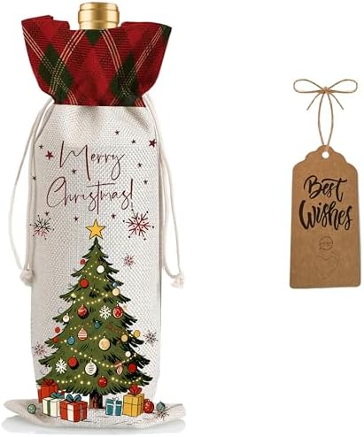 1Pcs Christmas Tree Wine Bags Christmas Gift Bag, Wine Bottle Bags Merry Xmas Bottle Covers for Merry Christmas,Holiday Party,Storage with 1Pcs Kraft Blessing Cards and natural jute rope by Yourloveisourmotivation%EF%BC%81