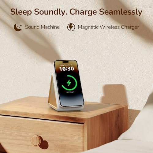 Housbay Sound Machine with Magnetic Wireless Charger for iPhone, 2-in-1 Design for Clutter-Free Nightstand, Dual-Speaker Stereo Sound for Sleeping - Cream - Image 2