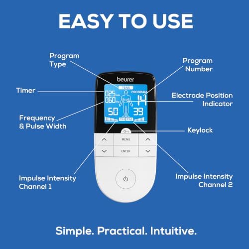 Beurer EM49 Digital TENS & EMS Device for Pain Relief and Muscle Stimulation, 15 TENS Programs, 35 EMS Programs, 2 Adjustable Channels with 4 Self-Adhesive Electrodes - Image 4