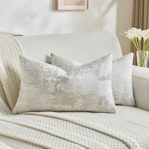 FUTEI Pack of 2 Faux Cashmere Throw Pillow Covers 12x20 Inch,Beige White by FUTEI