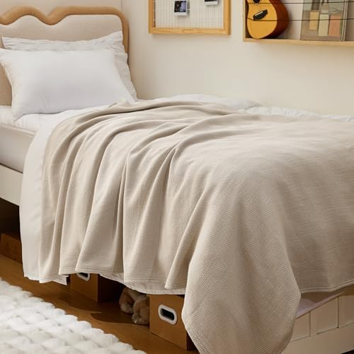 Bedsure 100% Cotton Blanket, Herringbone Weave, Twin-XL, Linen Beige by Unknown