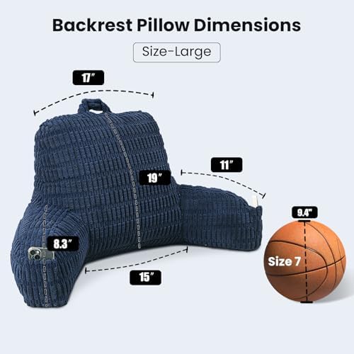 Large Reading Pillow for Sitting Up with Arms,Blue Corduroy - Image 3