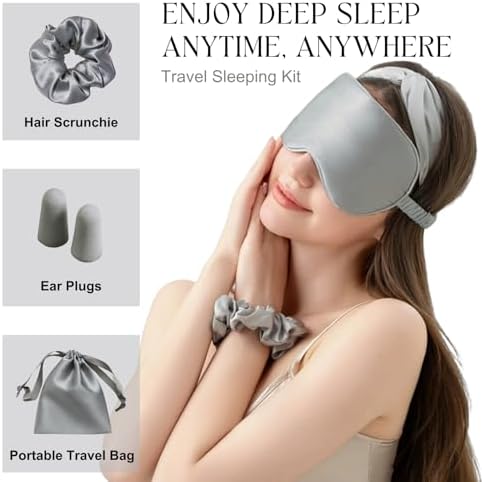 Silver Sleep Eye Mask, Blackout Silk Satin Travel Blindfold Set Women - Image 6