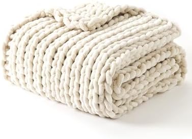 YnM Chunky Throw Blanket, Medium-Weight, Hand Knitted with Chenille Yarn, Skin Friendly, Ventilated and Breathable, Machine Washable, Home Décor Piece for Couch Sofa and Bed (Butter Cream, 80x87 Inch) by YNM
