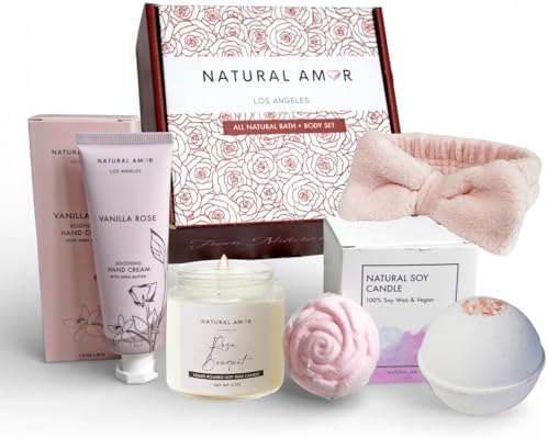 Natural Amor Relaxation Spa Gift Set for Women, 5 Piece Bath & Body Box with Candle, Hand Cream, Bath Bombs & Headband, Self Care Gift for Her by NATURALAMORLOSANGELES