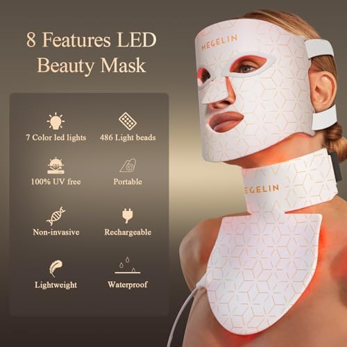 MEGELIN Led Red Light Therapy Face & Neck Mask, 7 Colors Led Light Therapy Facial Mask, Infrared Red Light Therapy Mask, Infrared Light Skin Rejuvenation(White) - Image 2