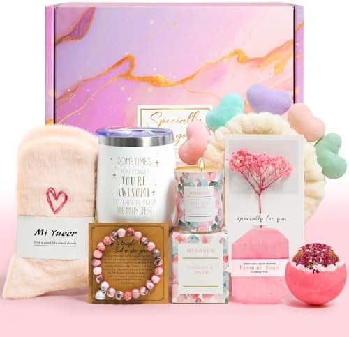 Happy Birthday Gifts for Women, 9pc Get Well Baskets, Pink Self Care Package Relaxing Spa Bath Thinking of You Gift Set for Gf Sister Friend Nurse Daughter Teacher Mother Christmas by KONSOM