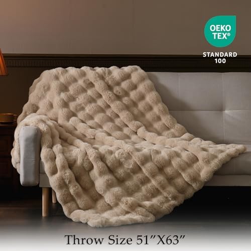 BENVWE Faux Fur Throw Blanket for Couch - Thickened Fluffy Soft Bubble Blanket for Living Room Home Decor - Fathers Day Birthday Gifts for Women Men, Beige, 50" x 60", 1300GSM - Image 2