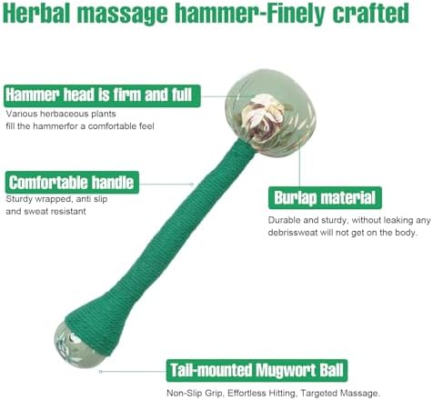 2PCS Long Size Lymphatic Drainage Hammer, Manual Body Massage Hammer, Anti Slip Longer Handheld Herbal Massage Hammer with Two Ends for Back Pain Relief (Light Green) - Image 2