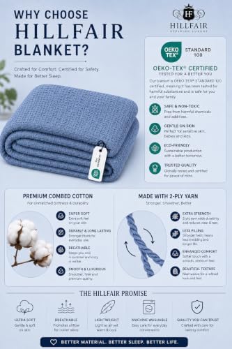 HILLFAIR 100% Combed Cotton Blanket– Twin Bed Blanket– Soft Cozy Warm Multipurpose Throws for Luxury Home Decor– 66 x 90 inch Twin XL Size Cotton Blankets for Beds- Bed Blankets for All Season- Blue - Image 3