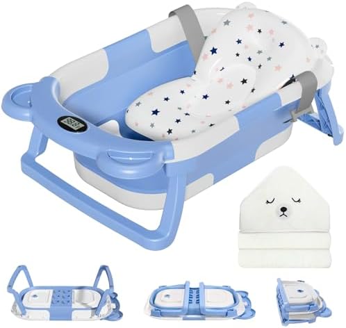 MoreFeel Collapsible Baby Bathtub for Newborn with Thermometer & 1 Hooded Towel & 1 Soft Floating Cushion,Portable Travel Bathtub with Drain Hole, Durable Foldable Baby Tubs for Infants to Toddler by Morefeel