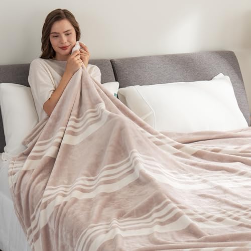 Berkshire Blanket-Classic Heavyweight Soft Printed VelvetLoft® Plush Blanket, Full/Queen Size Soft Fuzzy Warm Blanket for Couch Sofa Bed, Stripe Cream, 90in x 90in - Image 3