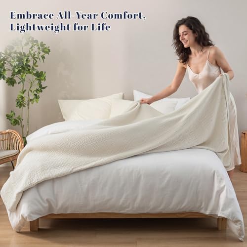 PHF 100% Cotton Muslin Blanket Queen Size 90"x90", 4-Layer Lightweight Gauze Throw, Breathable Cloud-Soft Minimalist Blanket for Bed, Couch, Camping & Baby, Oat Milk, Ideal Gift - Image 2