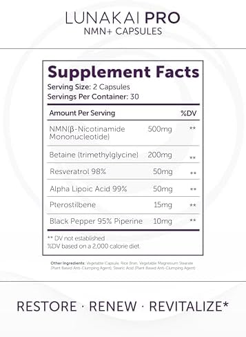 Lunakai USA Made 99% Pure NMN Supplement 500mg with Resveratrol & TMG, 60ct - Image 2