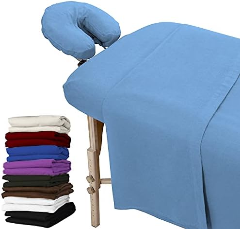 London Linens 3 Piece Set Massage Table Sheets Set - 100% Natural Cotton Flannel- Includes Massage Table Cover, Massage Fitted Sheet, and Massage Face Rest Cover (Light Blue) by LONDONLINENS
