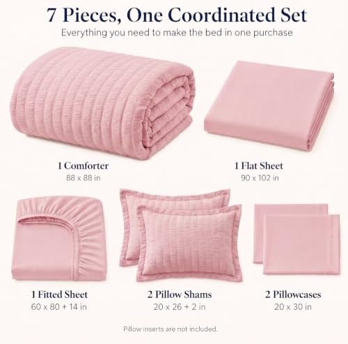 CozyLux Queen Comforter Set, 7 Pieces Pink Seersucker Bed in a Bag - Image 2