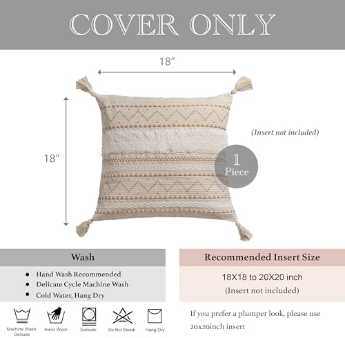 BlissBlush 18X18 Throw Pillow Cover, Cream Neutral Beige Square Decorative Cushion Cover, Boho Accent Pillowcase with Tufted Details and Tassels for Couch Sofa Living Room(Cover Only) - Image 5
