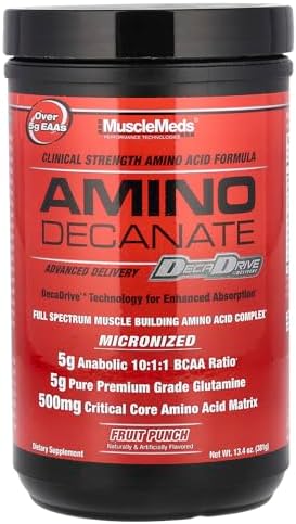 MuscleMeds Amino DECANATE, Intra, Post Workout Drink, Full Spectrum Amino Acid Complex, Leucine, Muscle Recovery, Fruit Punch, 30 Servings by MuscleMeds