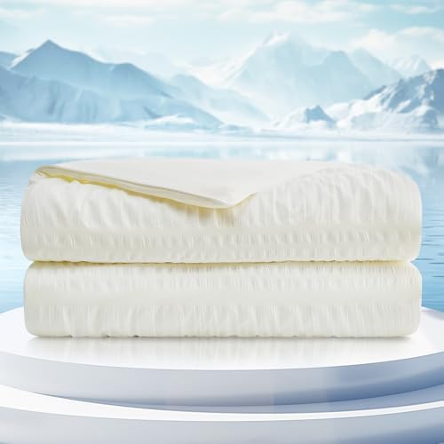 Cozy Bliss Seersucker Cooling Comforter Twin Size, Q-Max>0.45 Reversible Lightweight Cooling Blanket, Breathable Silk Smooth Summer Bedding Quilt for Hot Sleepers Night Sweats Cream White - Image 5