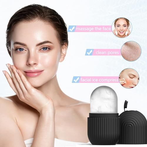Joyeee Ice Face Roller, Reusable Silicone Mold Face Massage Eye Facial Beauty Skin Care Tools Apply Ice for Shrink Pores Anti Wrinkle Reduce Puffiness Improve Skin Elasticity, Striped, Black - Image 3