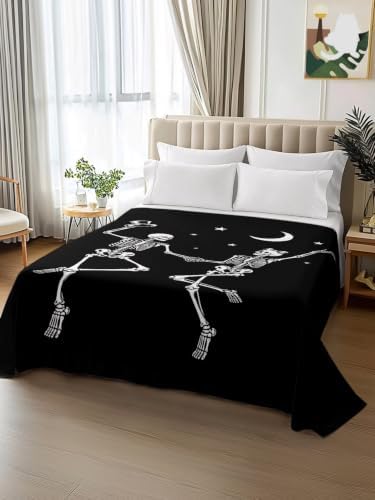 Halloween California King Flat Sheet Dancing Skeletons Flat Sheets Only Soft Bedding Top Sheets Stars Moon Funny Skull Bones Cal King Bed Sheet for All Season Bedroom Dorm Halloween Decor - Image 2