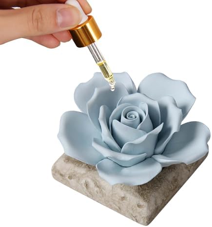 Ceramic Passive Essential Oil Diffuser, Aesthetic Desktop Handmade Flower & Concrete Base, Porcelain Aromatherapy Oils Diffuser for Home, Office, Yoga, Spa Room (Blue Rose) by Unknown