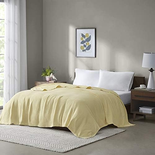 Madison Park Freshspun Basketweave Luxury Cotton Blanket Yellow 66x90" Twin Size Basketweave Premium Soft Cozy 100% Cotton For Bed, Couch or Sofa - Image 2