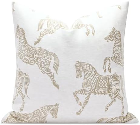 Equestrian Style Throw Pillow Cushion Cover 22x22 inch, Double Sided Beige Horse Pattern Chenille Jacquard Embroidered Pillow Covers for Sofa Couch Bed Living Room Bedroom by AIBUHOME