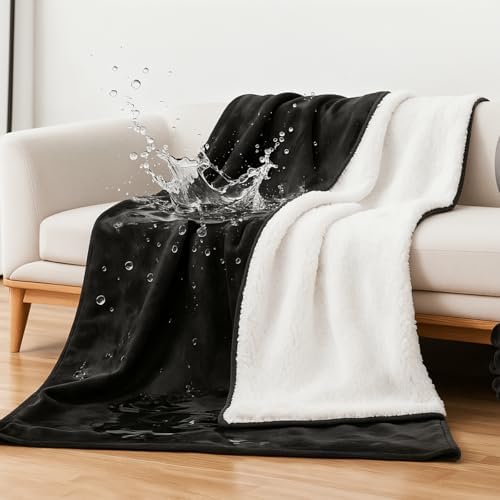 Tisancy Waterproof Gray Blanket for Dog Cat Puppy, 40'' x 60'' Double Side Leakproof Reversible Double Side Sherpa Flannel Fleece 3 Layer Lightweight Blanket, Absorb 25oz(BlackWhite), Machine Washable by Tisancy