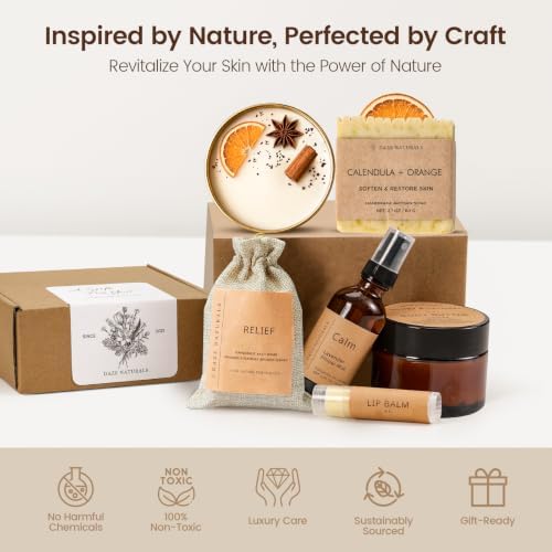 Bath Gift Set, Spa Gifts for Women, Self Care Products for Women, Orange & Calendula Soap Bar, Calm Pillow Mist, Bath Bomb & Shower Steamer, Body Butter and Lip Balm - Image 3
