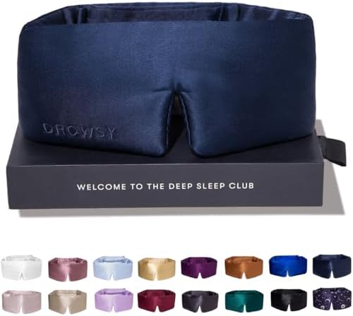 DROWSY Silk Sleep Mask - Face-Hugging, Padded Cocoon for Luxury Sleep in Total Darkness - 100% Pure Mulberry Silk, Skin-Hydrating & Adjustable (Midnight Blue) by Drowsy