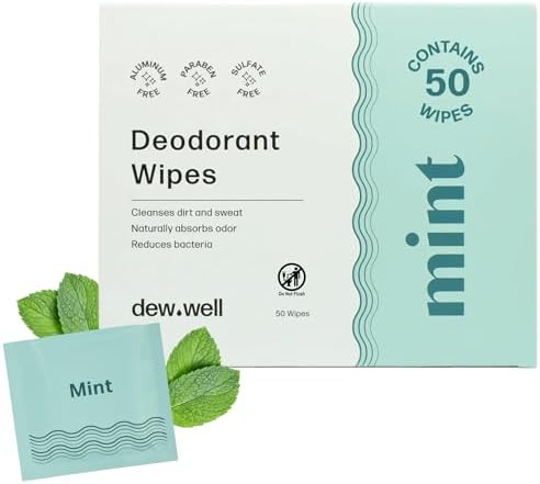 Dew Well Deodorant Wipes - Individually Wrapped Armpit Wipes & Purse Essentials - Sweat-Blocking Mini Deodorant - Compact Tissue Packs & Travel Accessories - 50 Count, Mint by DewWell