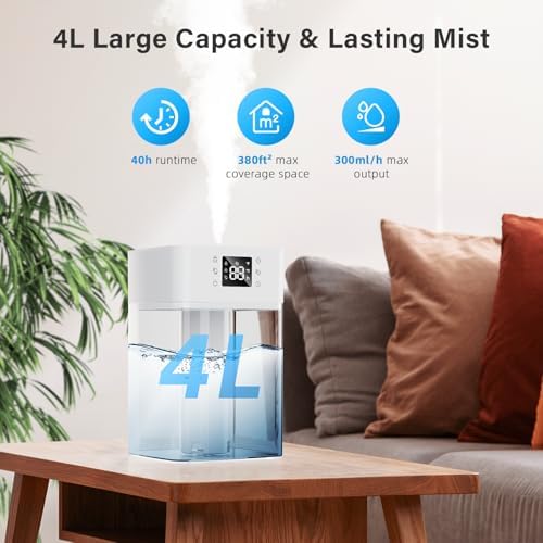 JRD Humidifiers 4L for Bedroom, Cool Mist Humidifier for Large Room, 40H Runtime, Night Light, 360° Nozzlefor Home, Office, Baby Nursery, Plants - Image 3