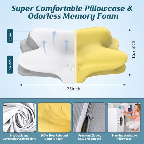 Cervical Neck Pillow for Pain Relief, Ergonomic Side Sleeper Pillow for Sleeping, Contour Orthopedic Memory Foam Pillows for Back & Stomach Sleepers with Pillowcase (Light Grey) - Image 4