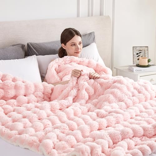 60x80 Inches Ultra-Soft Fuzzy Faux Fur Plush Twin Size Blanket - Thick, Warm Sherpa for Couch, Sofa, Bedroom, Camping - Decorative Blanket for Cozy Warmth, Bubble Pink by Serenhom