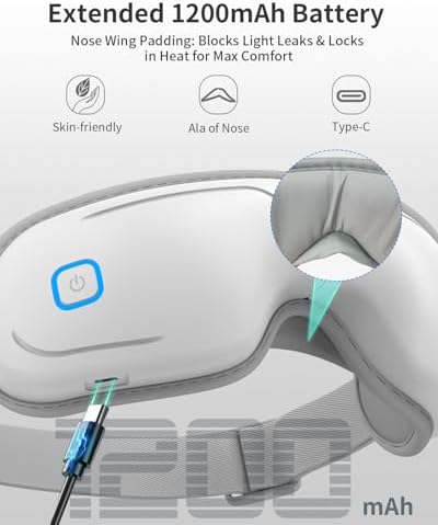 Eye Massager with Heat and Compression - Classic White Heated Eye Mask with Vibration, Bluetooth Music, 6 Modes, Rechargeable 1200mAh Battery for Eye Strain, Dry Eyes, Migraines Relief - Image 6