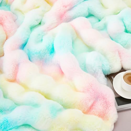 DREAMNINE Soft Faux Bubble Rabbit Fur Blanket Twin Size, Thick Cozy Decorative Colorful Warm Fuzzy Fur Blanket for Bed Couch Sofa Chair Bedroom Living Room Dorm Gift, 60 * 70 Inches, Rainbow - Image 3