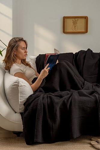 Muslin Blanket - Pure 100% Turkish Cotton Airy Soft Light Versatile Gauze Throw Blanket for Bed, Couch, Sofa (Black, Queen XL Size (95" x 95" inch)) - Image 2