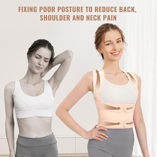 Back Brace Posture Corrector for Women and Men, Shoulder Straightener, Adjustable Full Back Support, Relief for Neck/Shoulder/Back Pain, Scoliosis & Hunchback Correction, Breathable Mesh Design (Beige, Medium/Large (Waist 33"-40")) - Image 3
