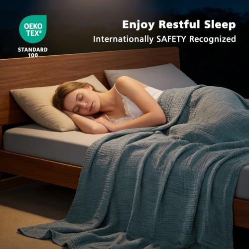 EMME Cotton Muslin Super King Blanket 4 Layer，Oversized Gauze Bedspread Coverlet, Soft Lightweight Breathable Layered Blanket for All Season (Heather Teal, 120"x94") - Image 5