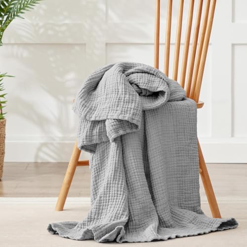 100% Cotton Muslin Blanket Large 50" x 70", Breathable and Lightweight Cotton Throw Blankets for Bed and Couch, Soft Cooling Summer Gauze Blanket for Adults All Season, Light Grey - Image 2