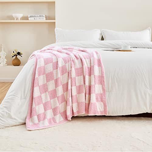 CozeCube Pink White Reversible Checkered Knit Throw Blanket 60"x80" - Image 2